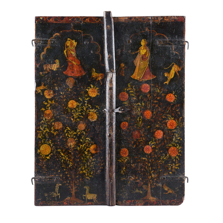 Painted Teak Jodhpur Window Shutter With Courtly Figures Animals And Floral Trees