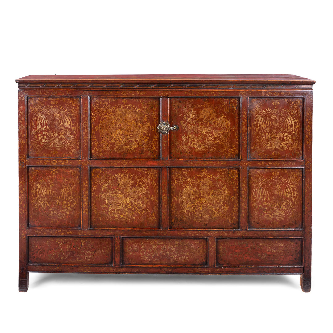 Painted Tibetan Cabinet With Gilt Dragon And Floral Phoenix Panels On Square Scroll Feet