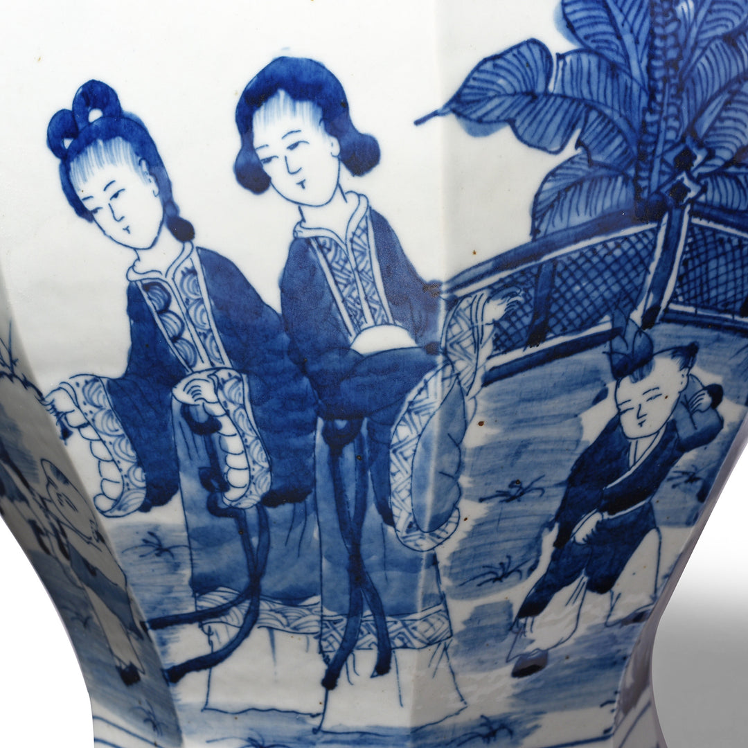 Painting detail from a Facetted Chinese Blue & White Porcelain Temple Jar - Women & Children| Indigo Antiques