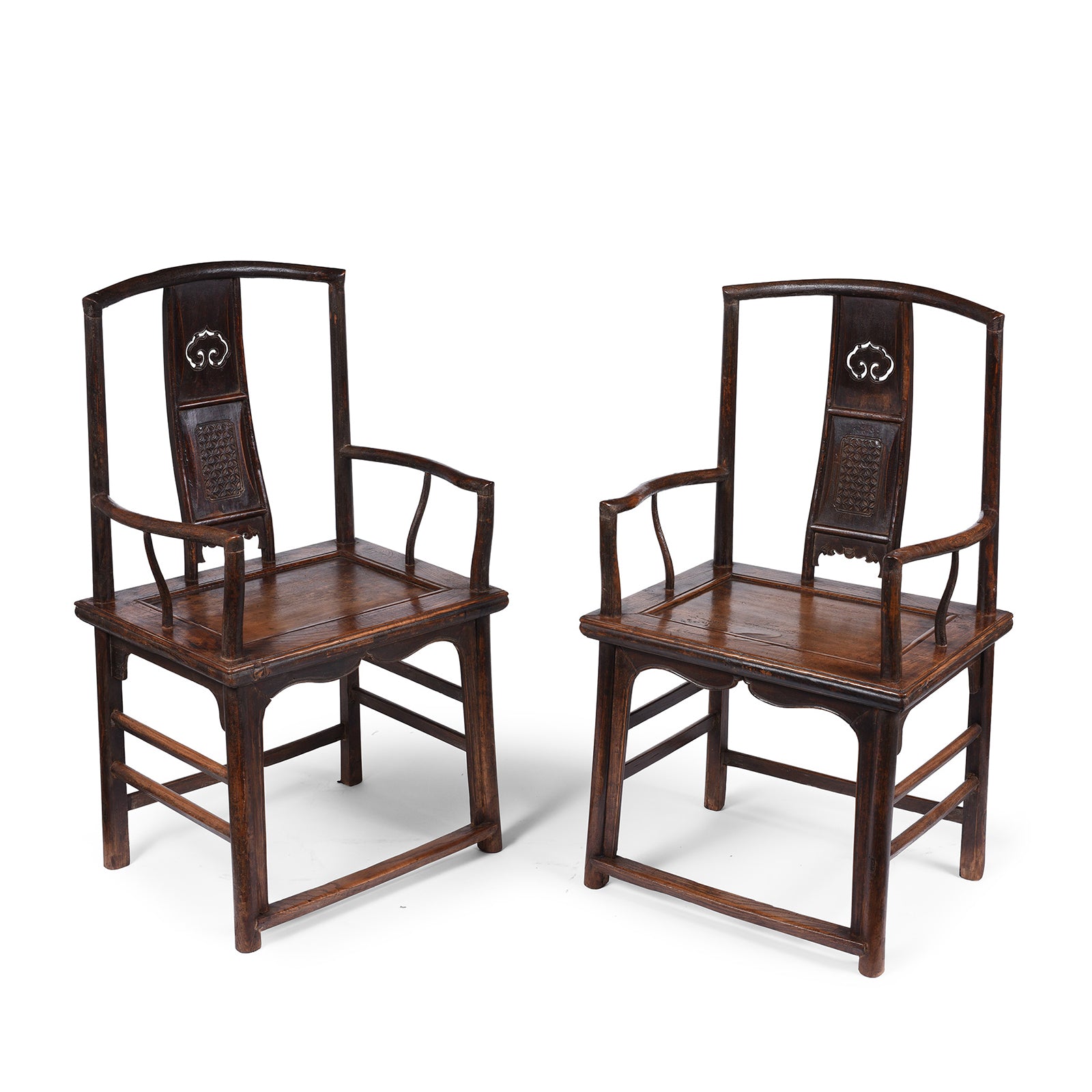 Pair Of Antique Chinese Southern Officials Hat Chairs From Shanxi With Carved Backs And Burgundy Lacquer Patina
