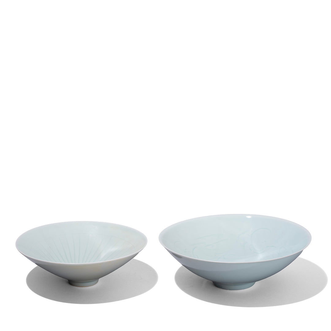 Pair Of Fine Glazed Celadon Porcelain Rice Bowl In Pale Jade Green With Hand Carved Song Dynasty Inspired Design