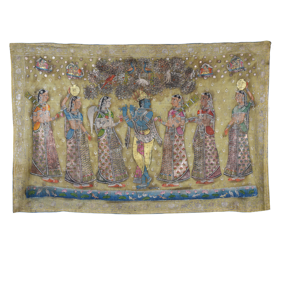 Pichwai Painting Krishna With Gopis Polychrome Gold And Silver Leaf Deccan 1980s