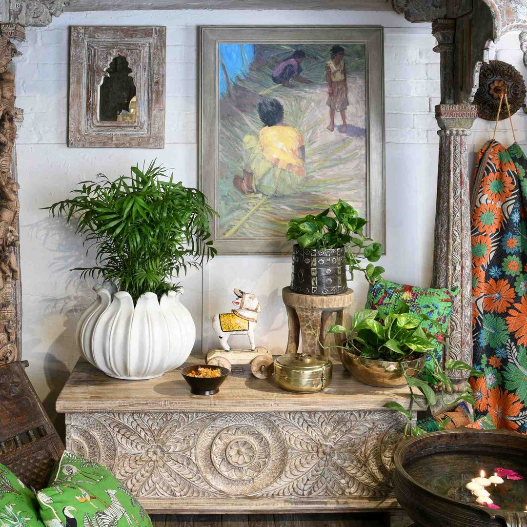 Indian decorative pots and planters paired with art by Charles Rodwell | Indigo Antiques