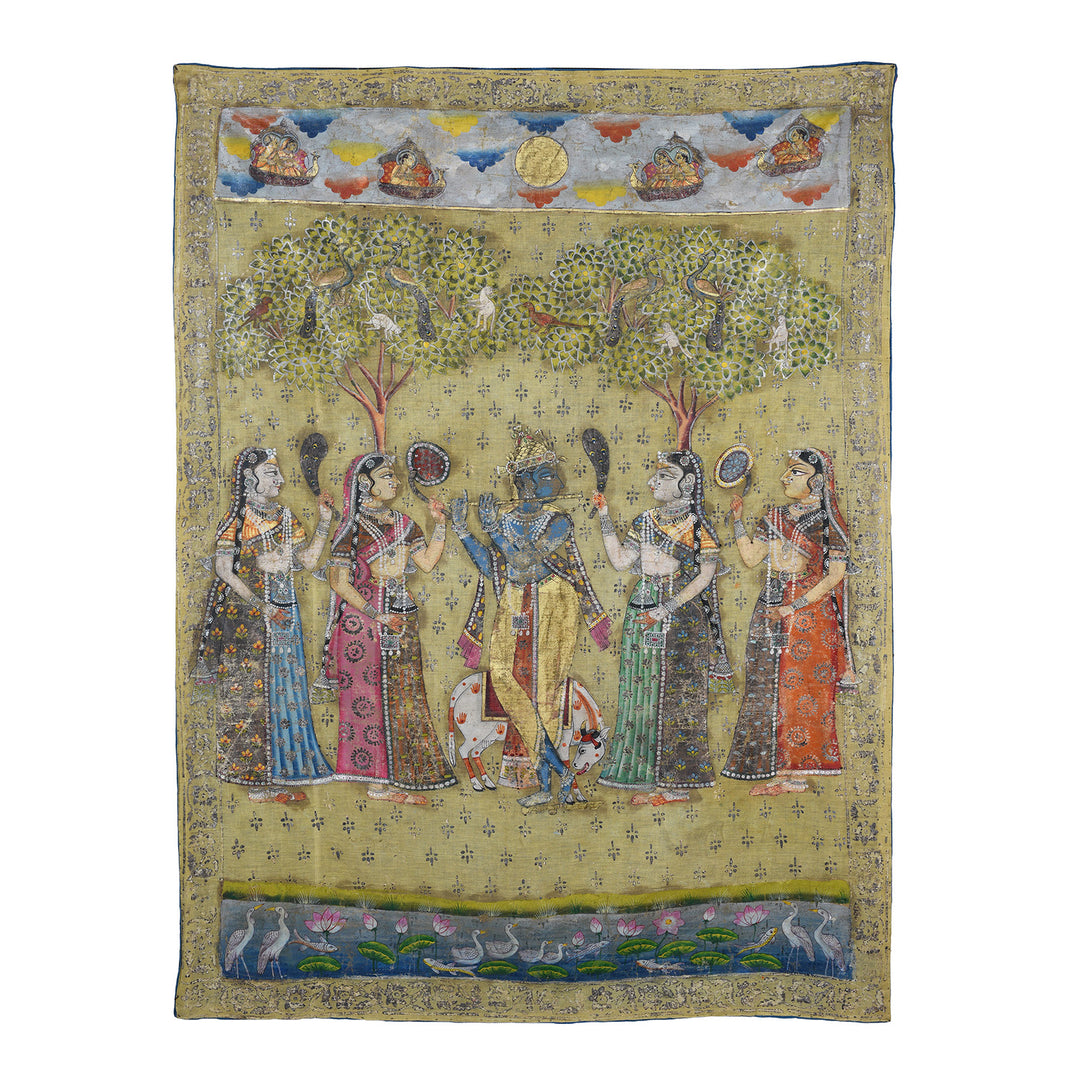 Polychrome Gold And Silver Leaf Deccan Pichwai With Krishna And Gopis From The 1980s