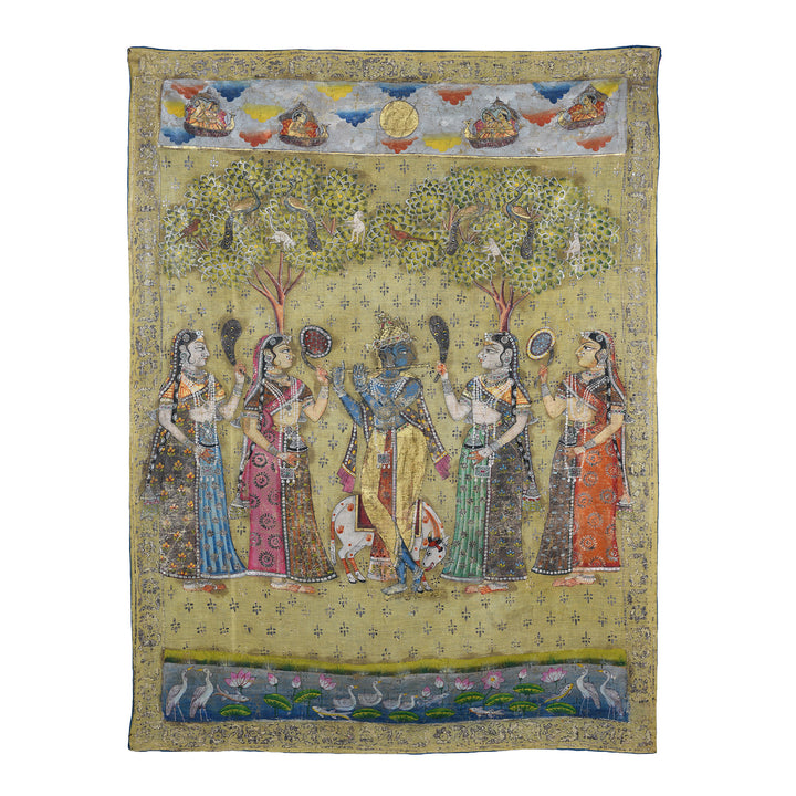 Polychrome Gold And Silver Leaf Deccan Pichwai With Krishna And Gopis From The 1980s