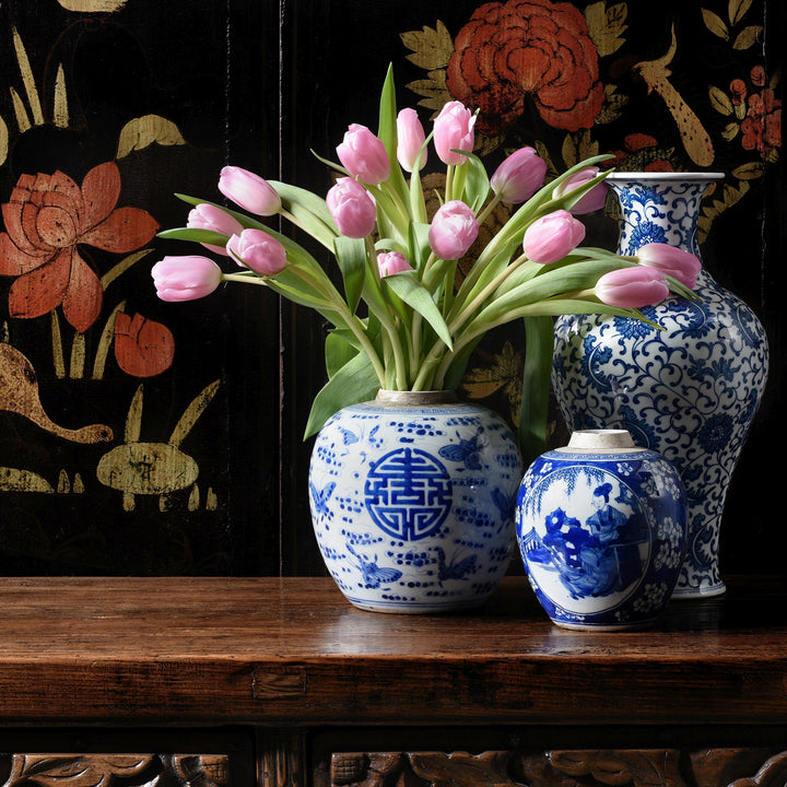 Chinese Reproduction Porcelain Ginger Jar Vase on a black lacquer cabinet background | Indigo Antiques