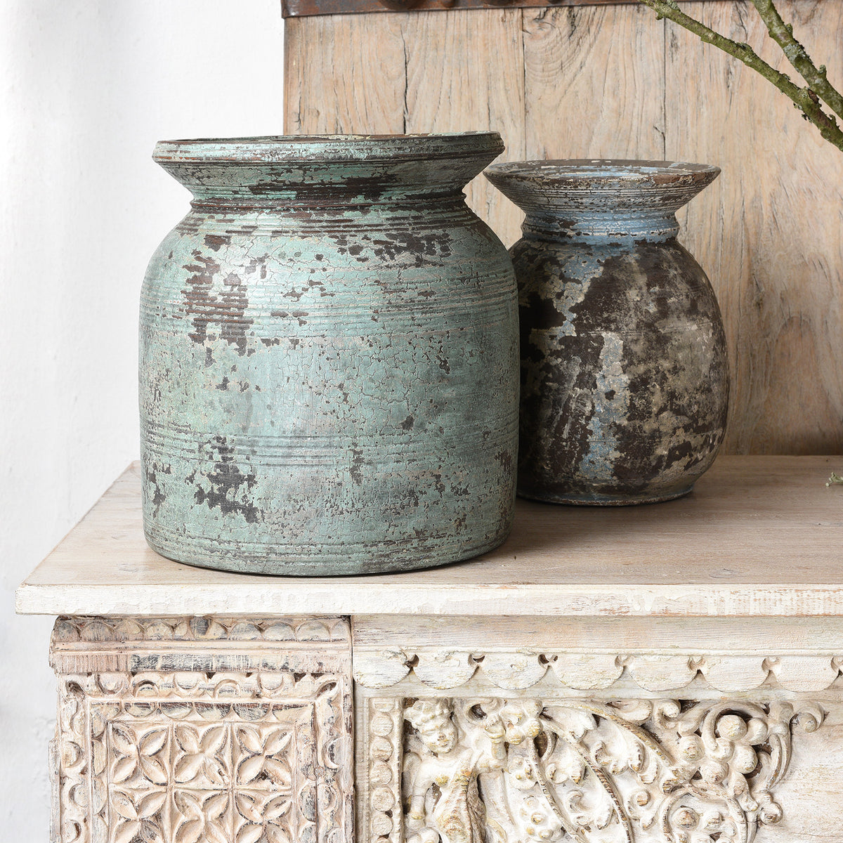 Blue painted vintage Indian milk pots with rustic painted finish | Shabby chic interiors