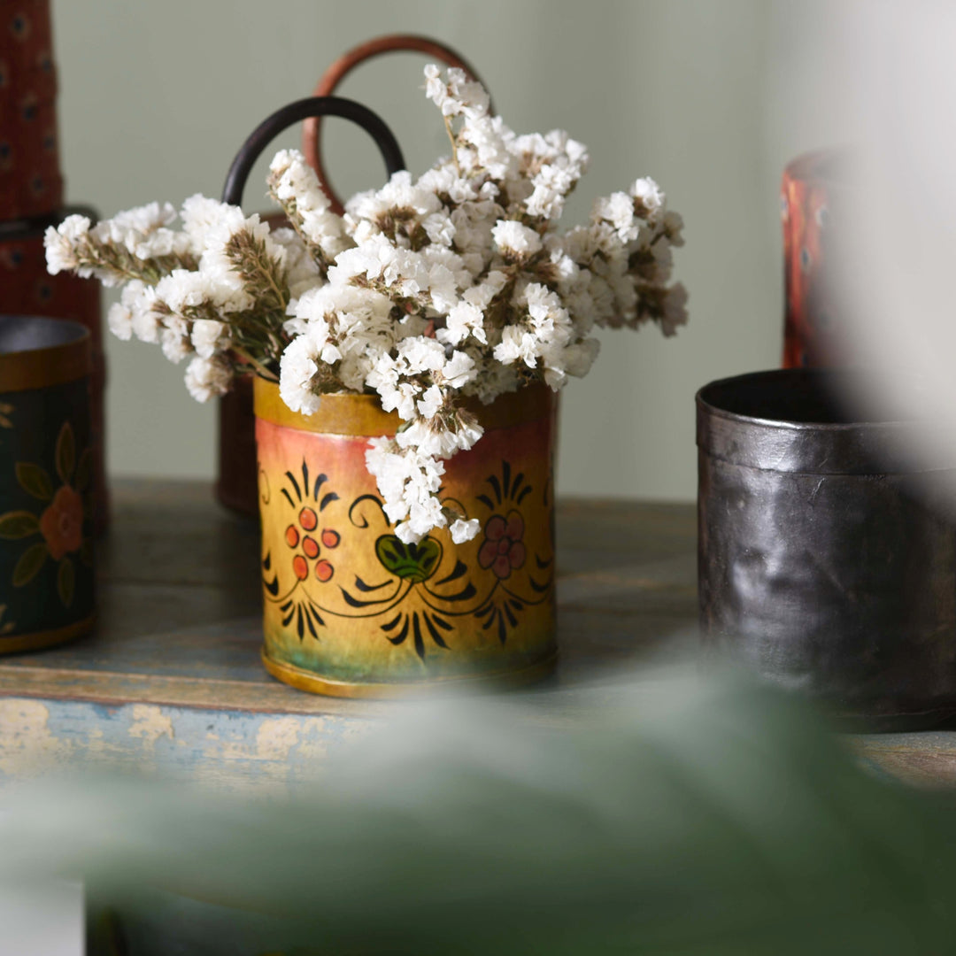 hand painted Indian bottler carrier dried flowers - boho boating style in Rajasthani painting