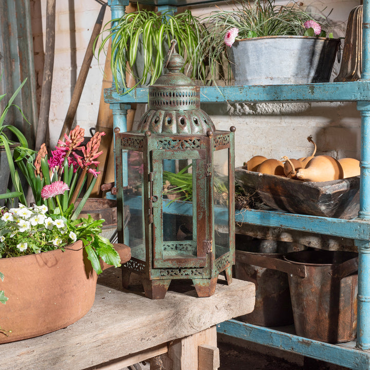 Glass Storm Lantern With Green Distressed Paint Finish | Indigo Antiques