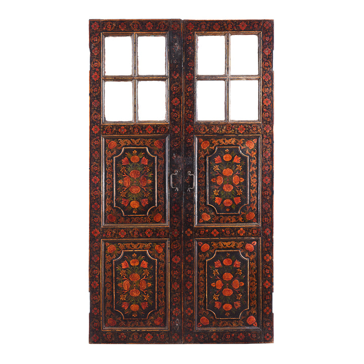 Qajar Style Hand Painted And Glazed Antique Doors From Bikaner Rajasthan With Floral Tree Of Life Decoration On Black Ground Late 18Th Century | Indigo Antiques