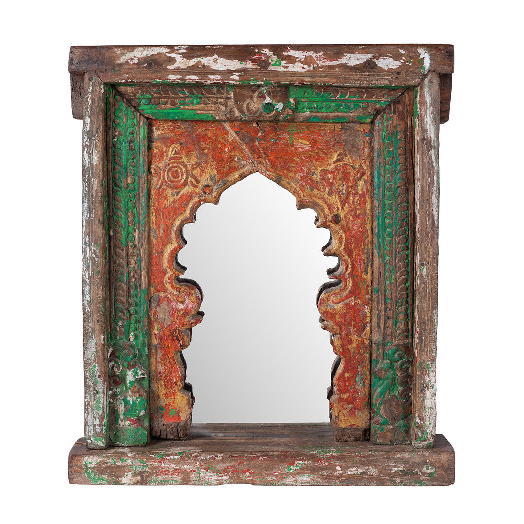 Rajasthani Teak Wall Niche Mirror With Mughal Arch And Weathered Red Green Paint