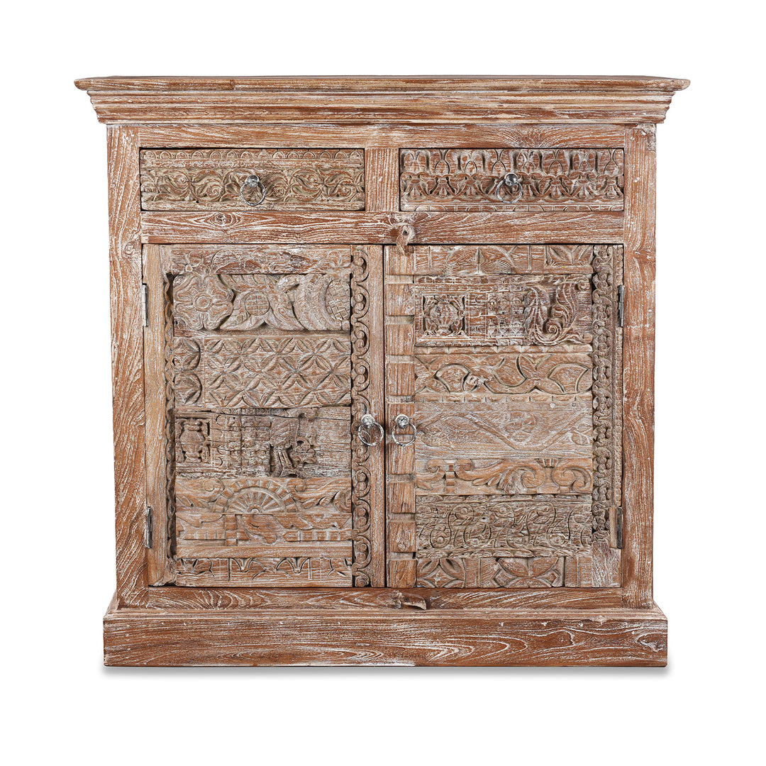 Reclaimed 2 Door Indian Side Cabinet With Old Carvings | Indigo Antiques