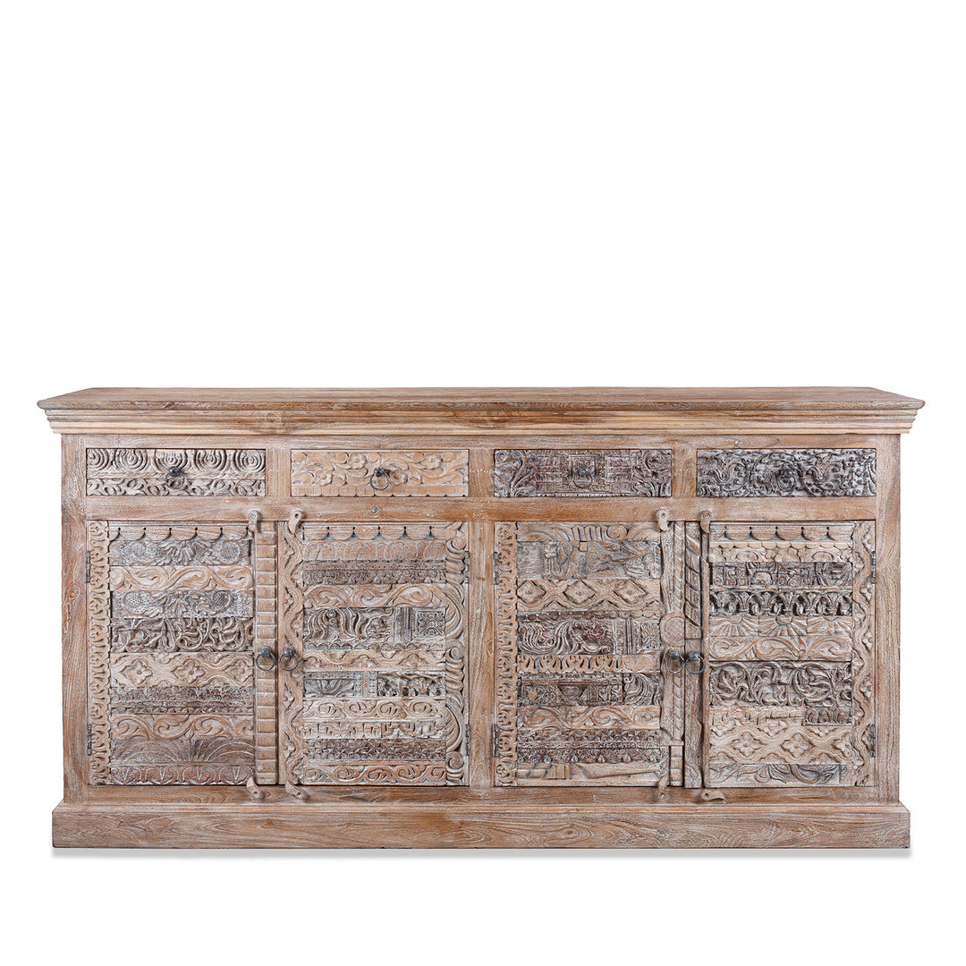 Reclaimed Hand Carved Teak Sideboard With Four Drawers And Removable Shelves From Rajasthan And Gujarat | Indigo Antiques