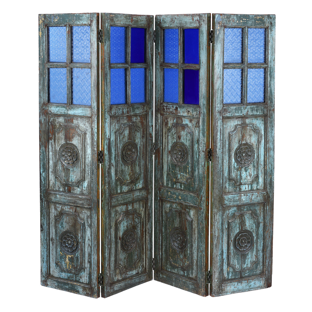 Reclaimed Indian Blue Painted Teak Folding Screen | Indigo Antiques