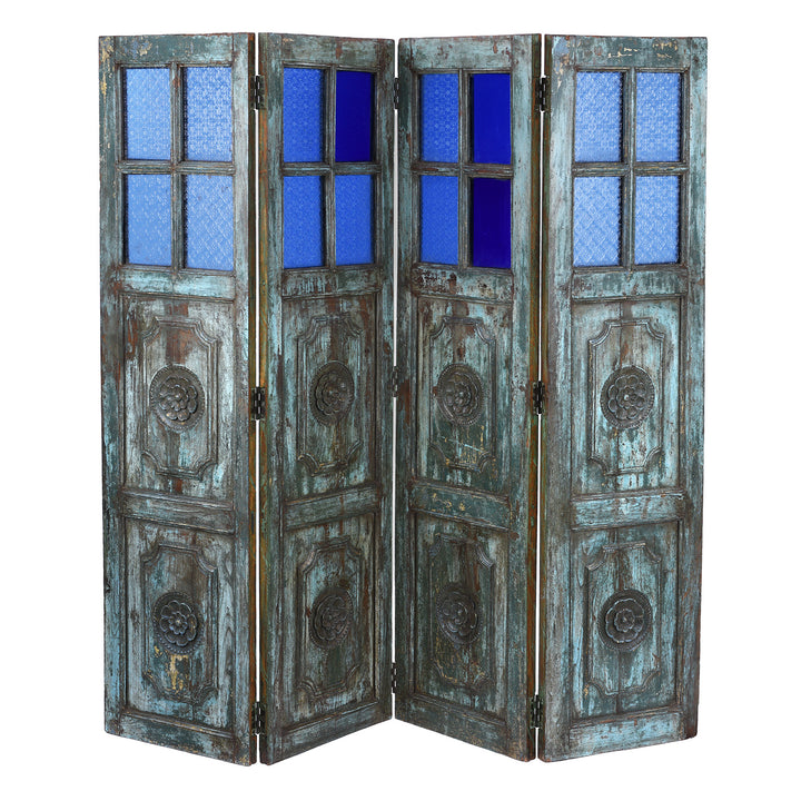 Reclaimed Indian Blue Painted Teak Folding Screen | Indigo Antiques