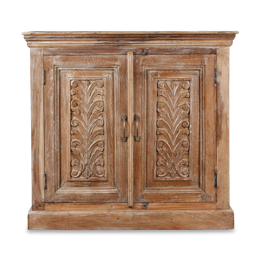 Reclaimed Teak Cabinet With Deep Floral Carved Doors And Painted Finish From India | Indigo Antiques