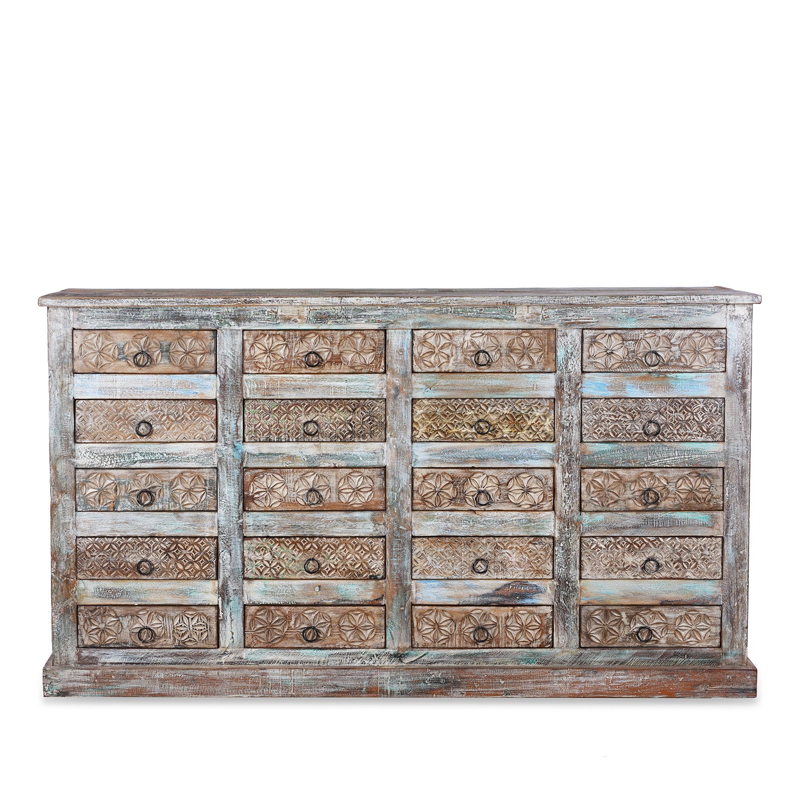 Reclaimed Teak Chest Of Drawers With Distressed Paint And Twenty Hand Carved Drawer Fronts | Indigo Antiques

