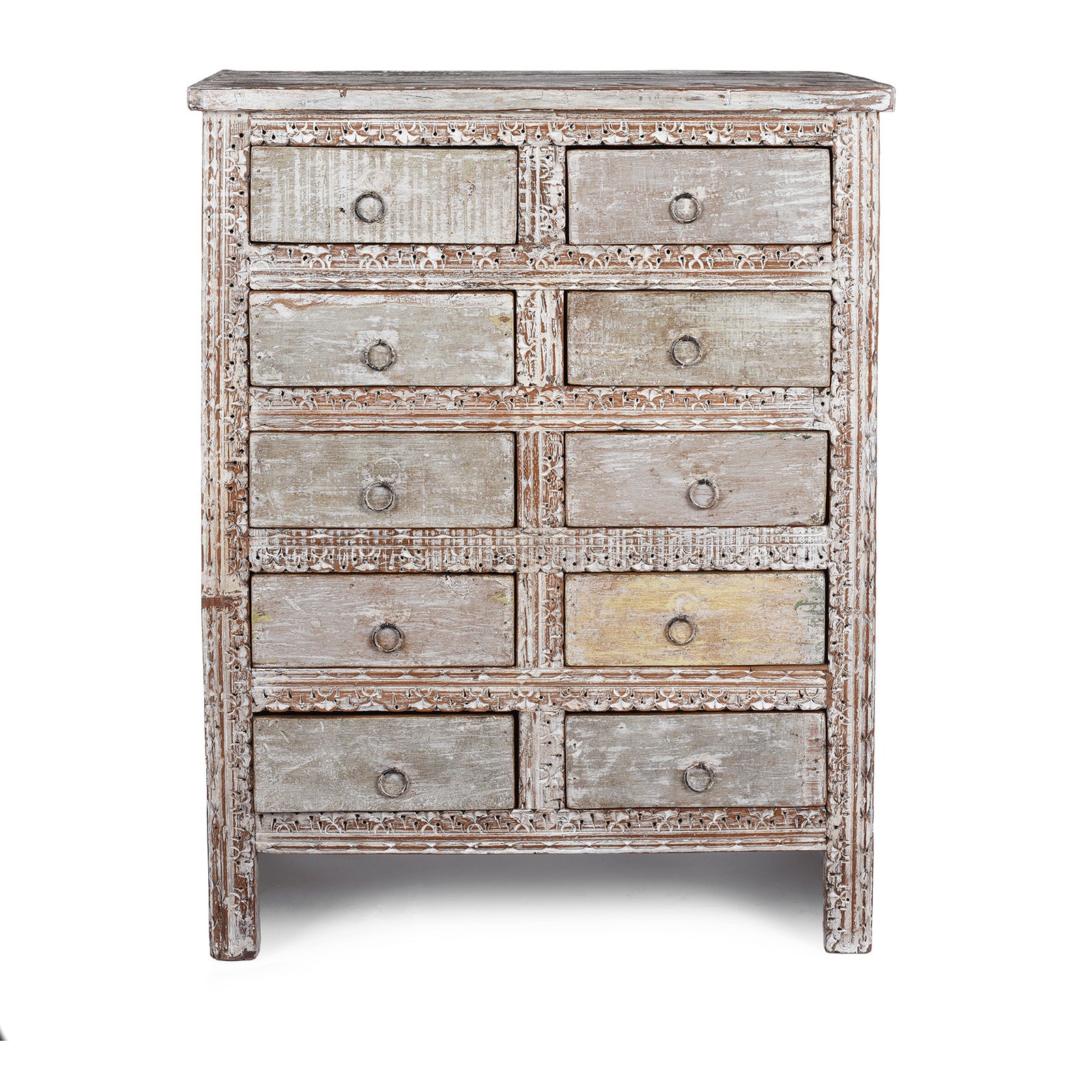 Reclaimed Teak Chest Of Drawers With Ten Drawers And Hand Carved Detailing In Distressed White Finish | Indigo Antiques