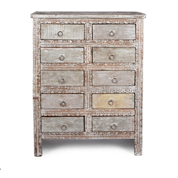 Reclaimed Teak Chest Of Drawers With Ten Drawers And Hand Carved Detailing In Distressed White Finish | Indigo Antiques