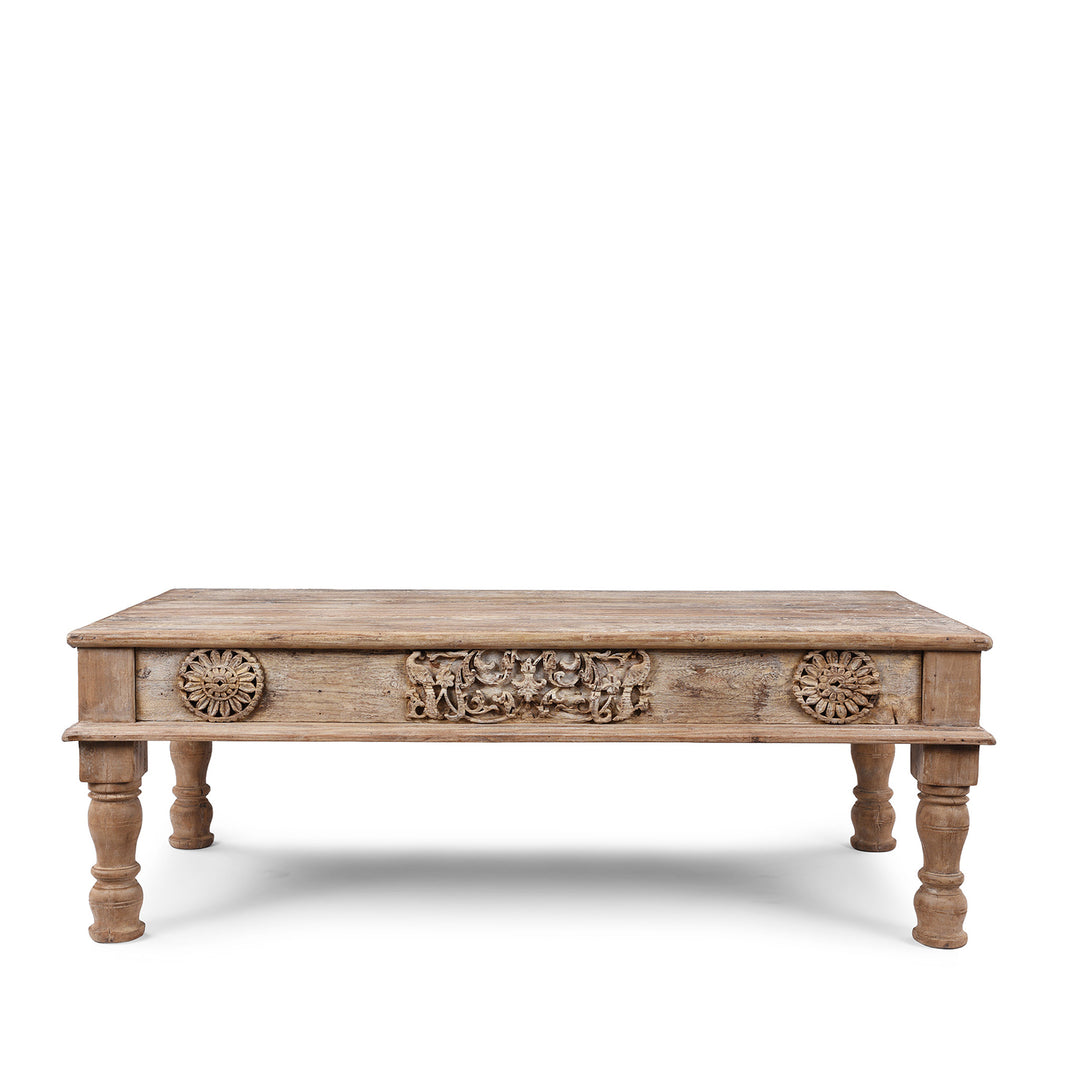 Reclaimed Teak Takhat Style Coffee Table Made From Salvaged Indian Architectural Wood With Carved Detailing