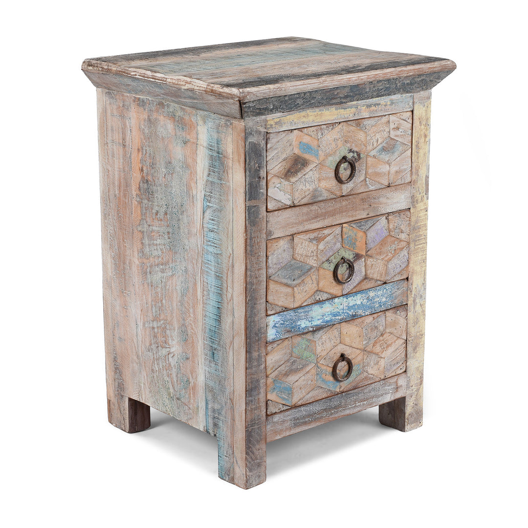 Reclaimed Teak Three Drawer Cabinet With Geometric Drawer Fronts Made From Salvaged Wood In India