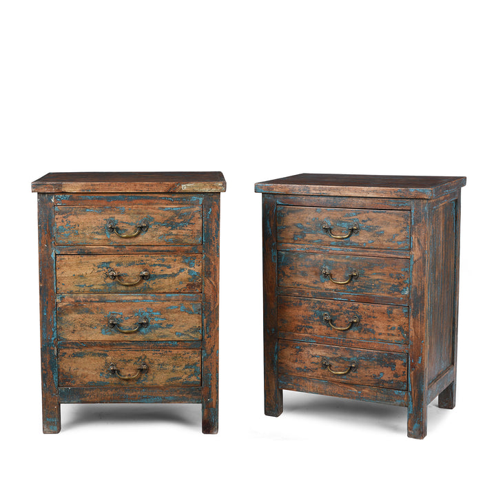 Reclaimed Wood Indian Bedside Cabinet With Four Drawers And Distressed Blue Paint Finish | Indigo Antiques
