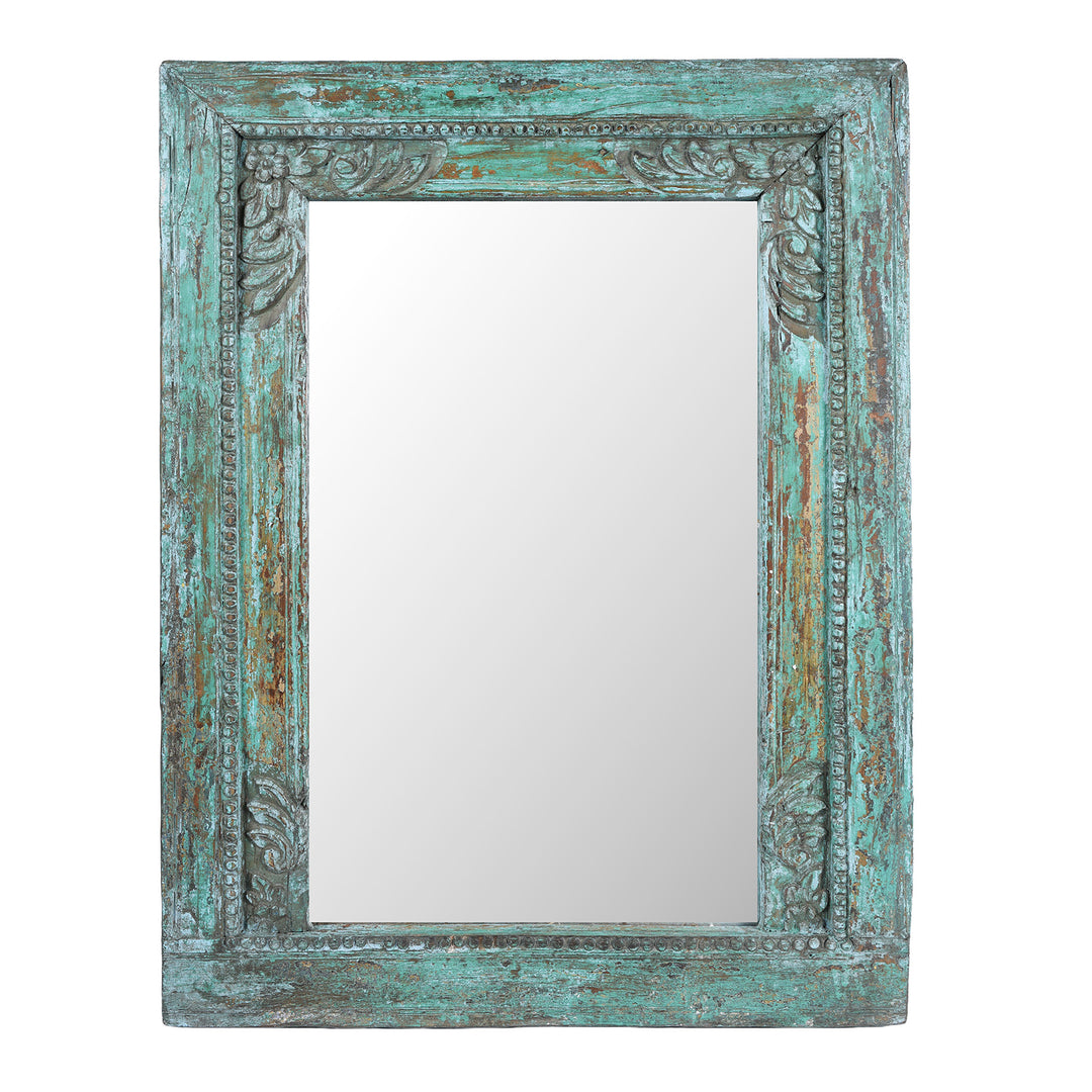 Rectangular 19th Century Green Painted Teak Mirror With Hand Carved Floral Frame From India | Indigo Antiques