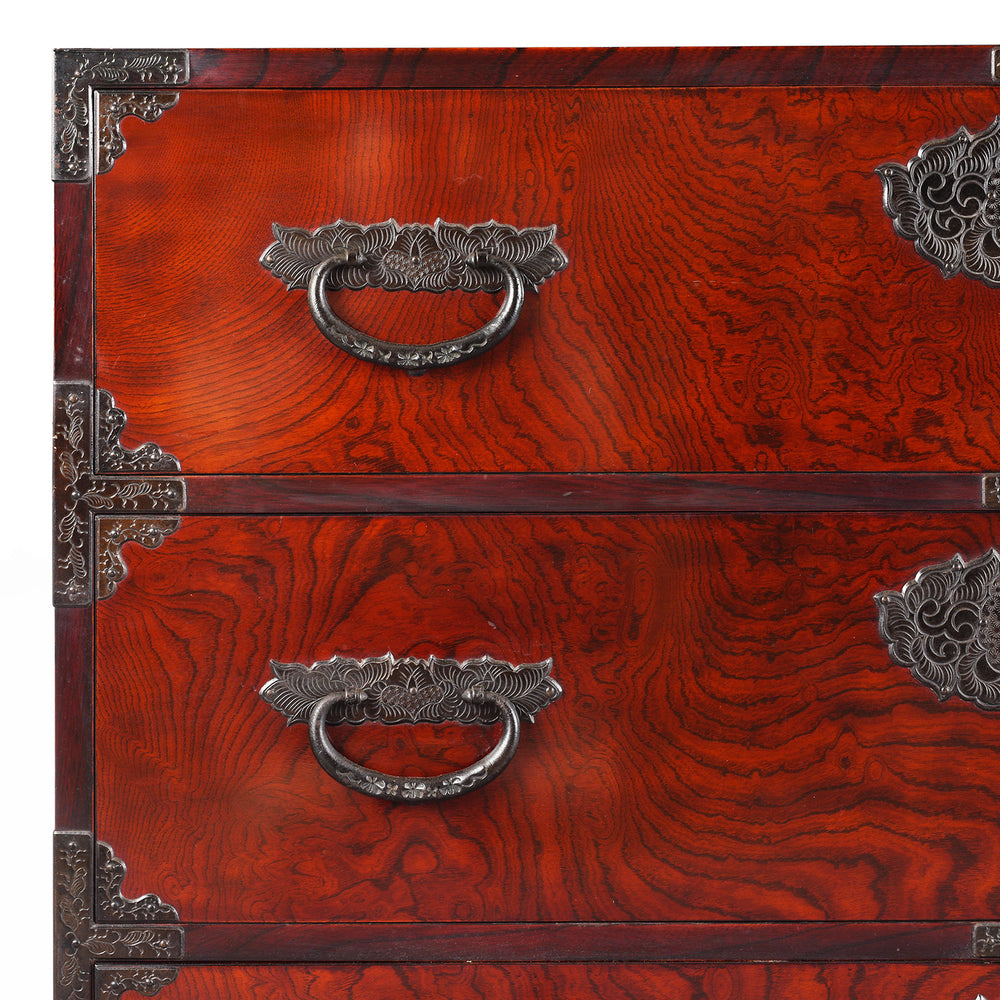 Iron Sendai style hardware and red elm veneer grain from a Japanese Tansu Chest - Showa Era | Indigo Antiques

