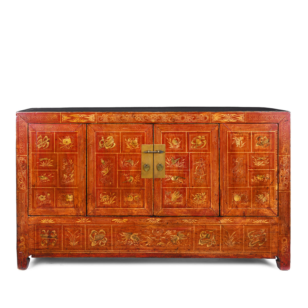 Red Lacquer Chinese Dongbei Sideboard With Hand-Painted Floral Panels And Brass Hardware