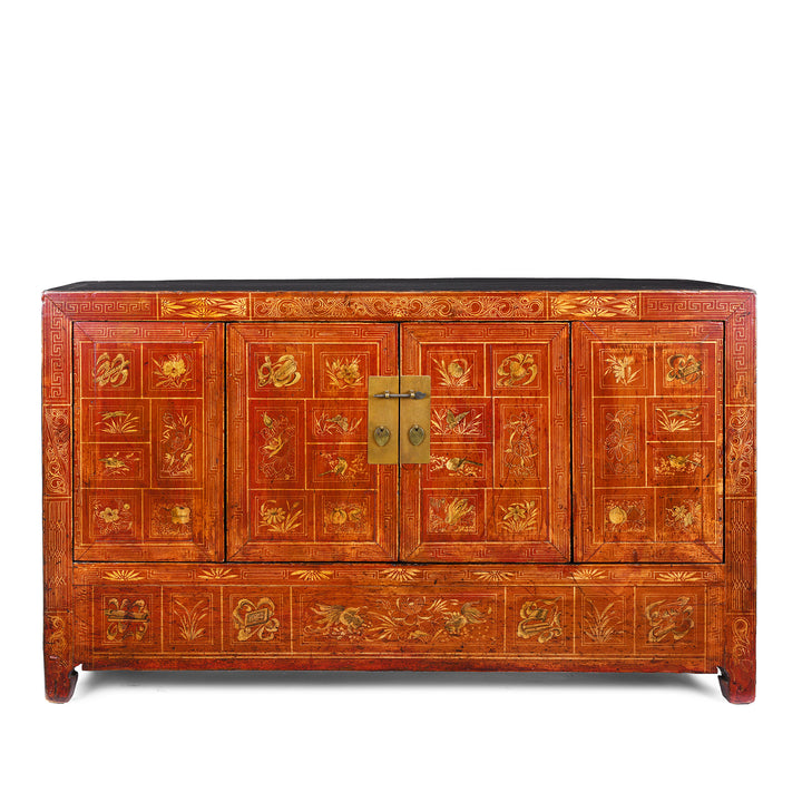Red Lacquer Chinese Dongbei Sideboard With Hand-Painted Floral Panels And Brass Hardware