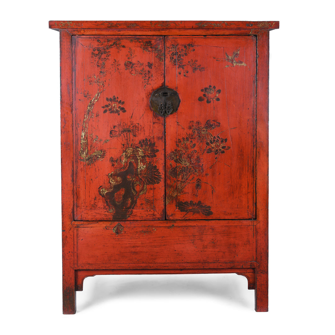 Red Lacquer Chinese Wedding Cabinet With Gilt Floral Decoration From Shanxi Province 19th Century Antique Furniture | Indigo Antiques