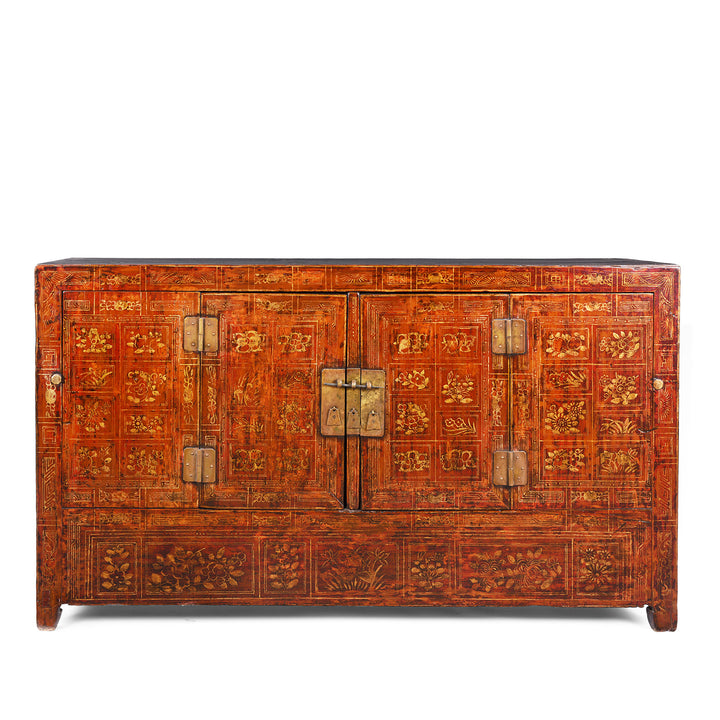 Red Lacquer Dongbei Sideboard With Gold Floral Motifs And Traditional Brass Hardware.