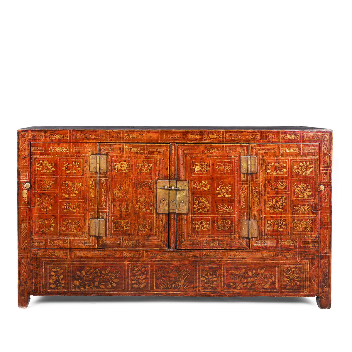 Red Lacquer Dongbei Sideboard With Gold Floral Motifs And Traditional Brass Hardware.
