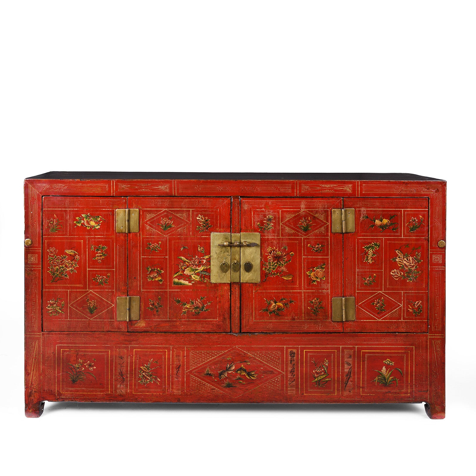 Red Lacquered Dongbei Sideboard With Painted Floral And Bird Decoration From 1920s China