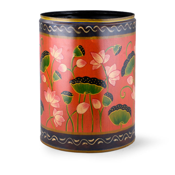 Red Lotus Hand painted Waste Paper Bin / Planter | Indigo Antiques