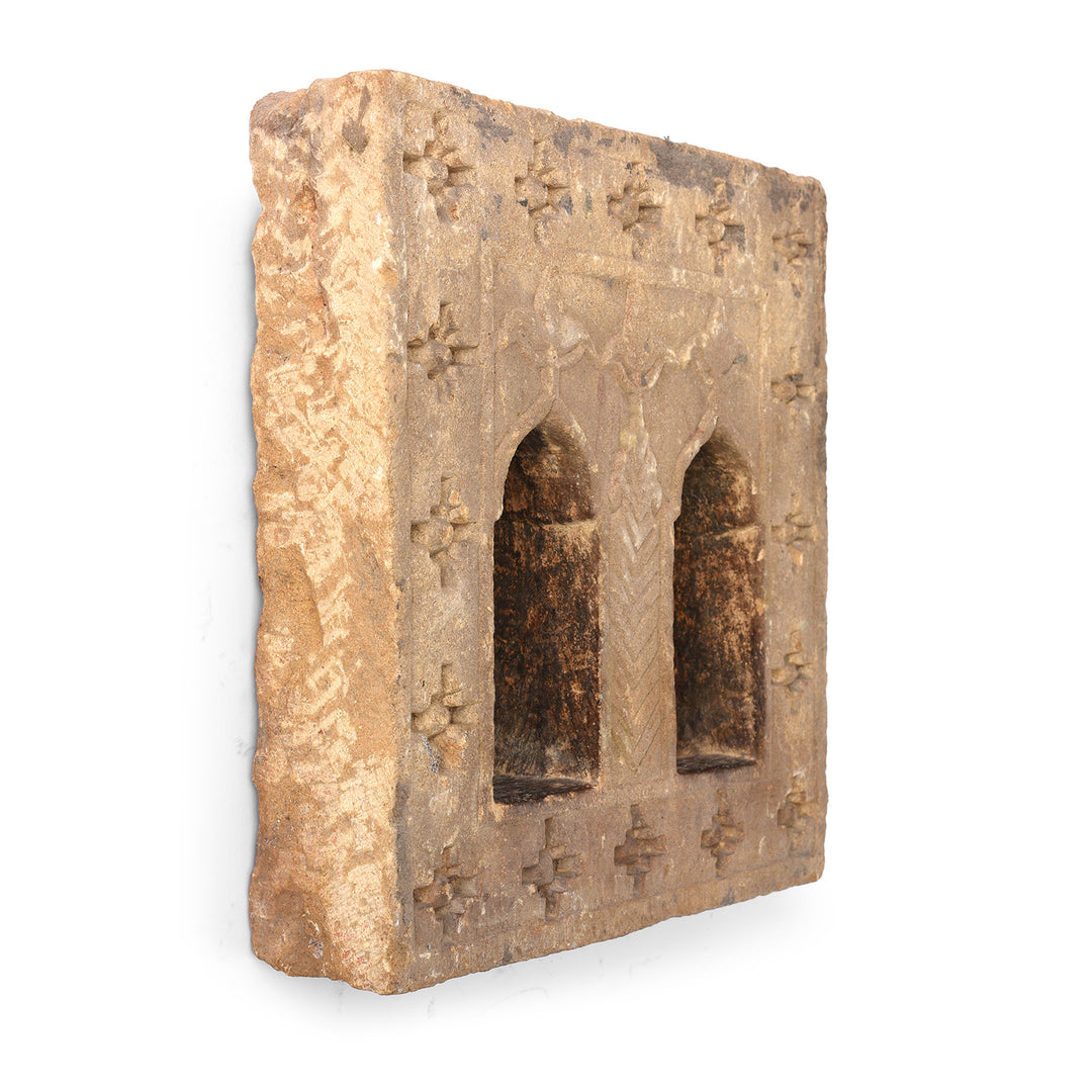 Angled View Of Antique 2 Way Stone Lamp Niche From Jaisalmer | Indigo Antiques