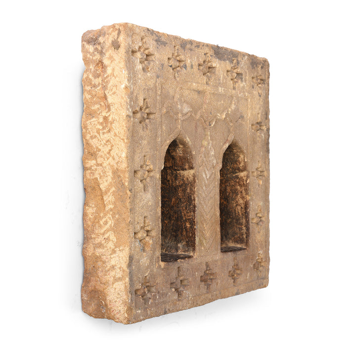 Angled View Of Antique 2 Way Stone Lamp Niche From Jaisalmer | Indigo Antiques