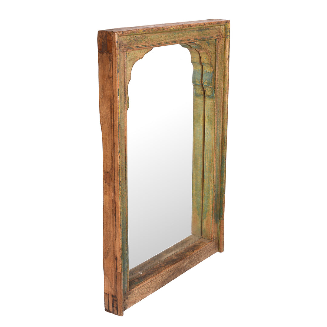 Angled VIew Detailing Depth Of Window Mirror Made From Architectural Teak | Indigo Antiques
