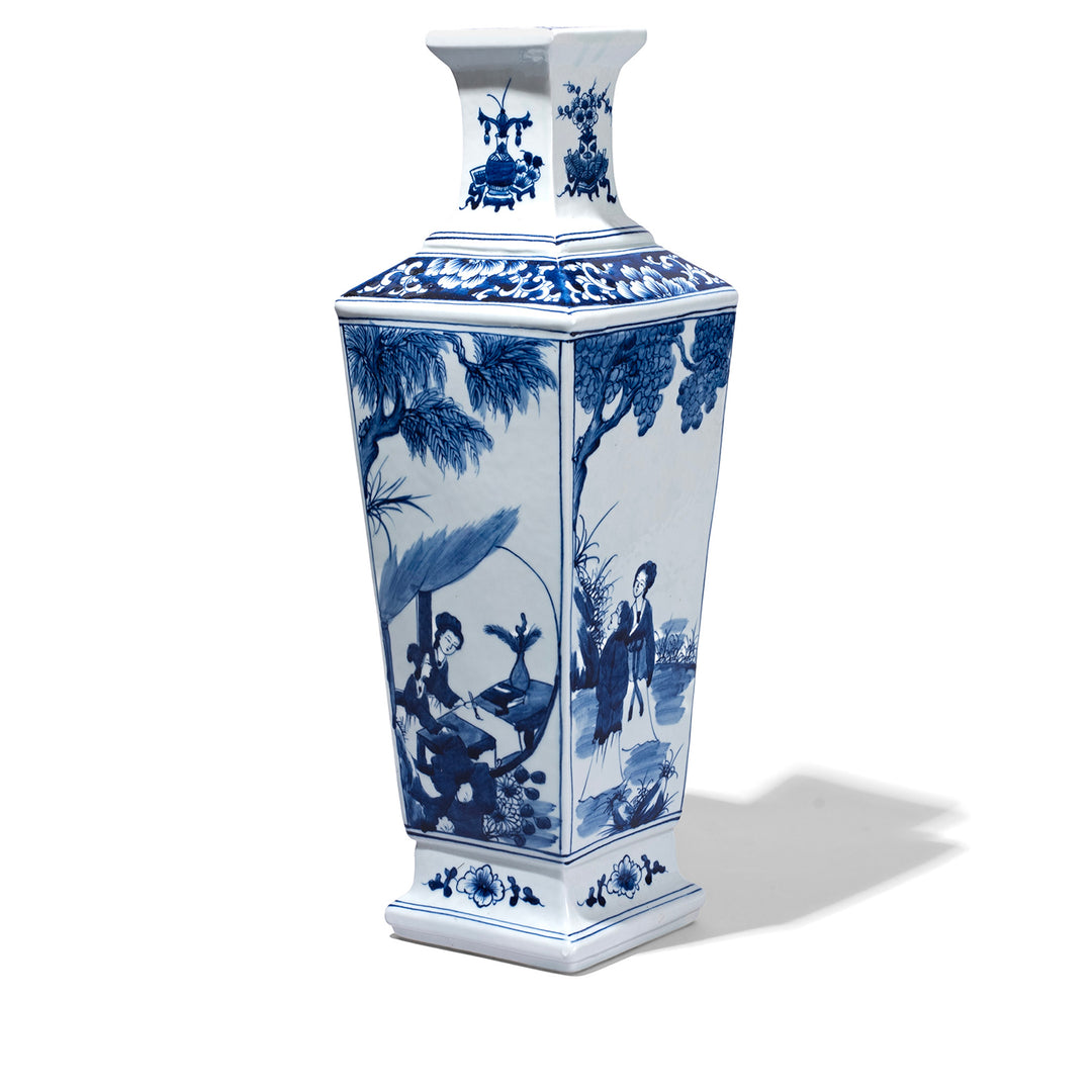 Reproduction Chinese Blue And White Square Vase With Hand Painted Kangxi Style Garden Scenes