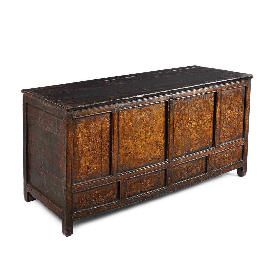Angled View Of Gilt & Black Painted Tibetan Altar Cabinet | Indigo Antiques