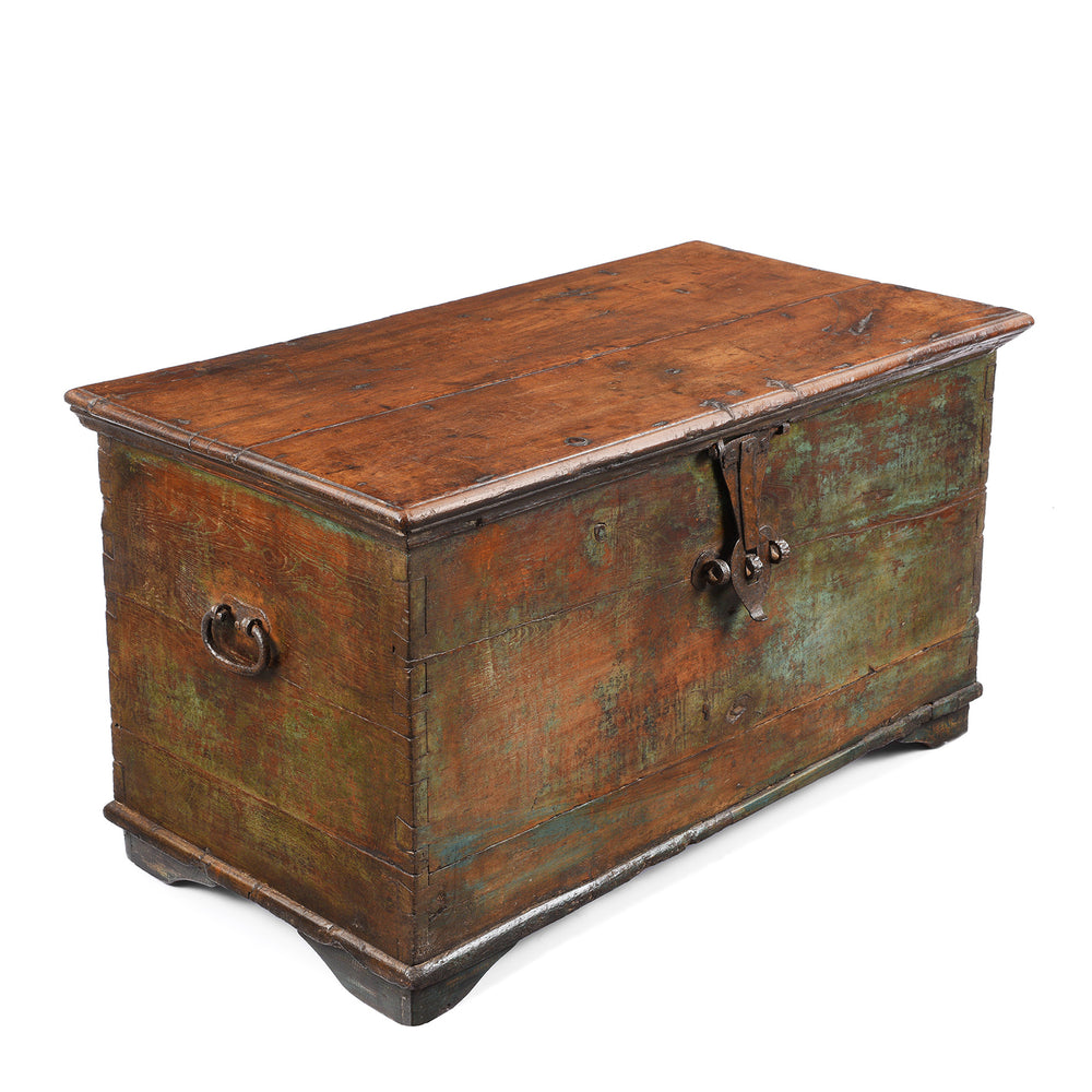 Angled VIew Of Antique Blue Painted Indian Chest | Indigo Antiques