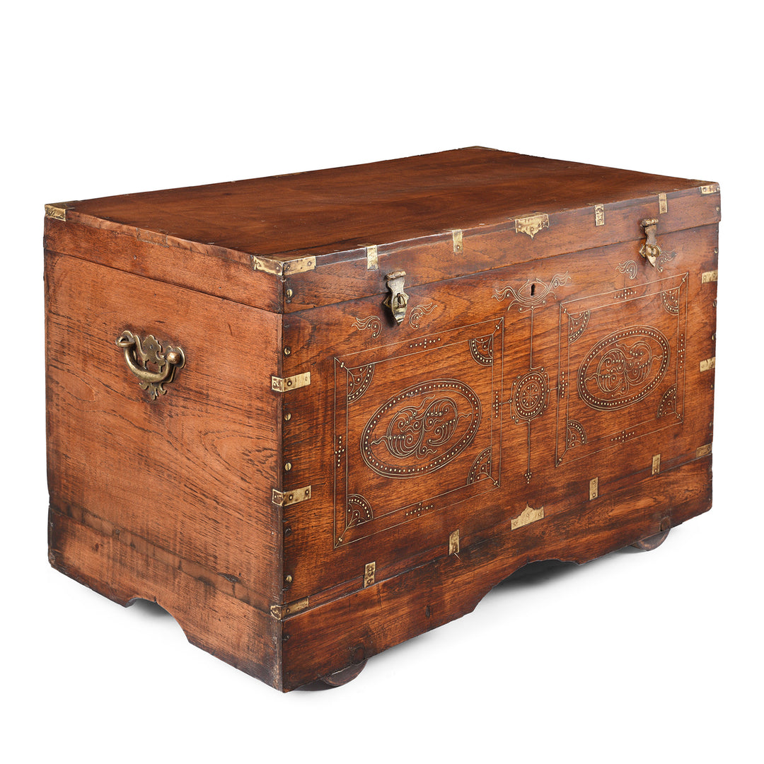 Angled VIew Of Antique Brass Bound Burmese Military Chest | Indigo Antiques