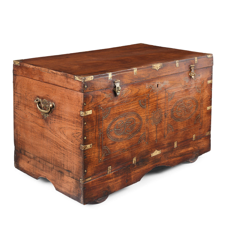 Angled VIew Of Antique Brass Bound Burmese Military Chest | Indigo Antiques