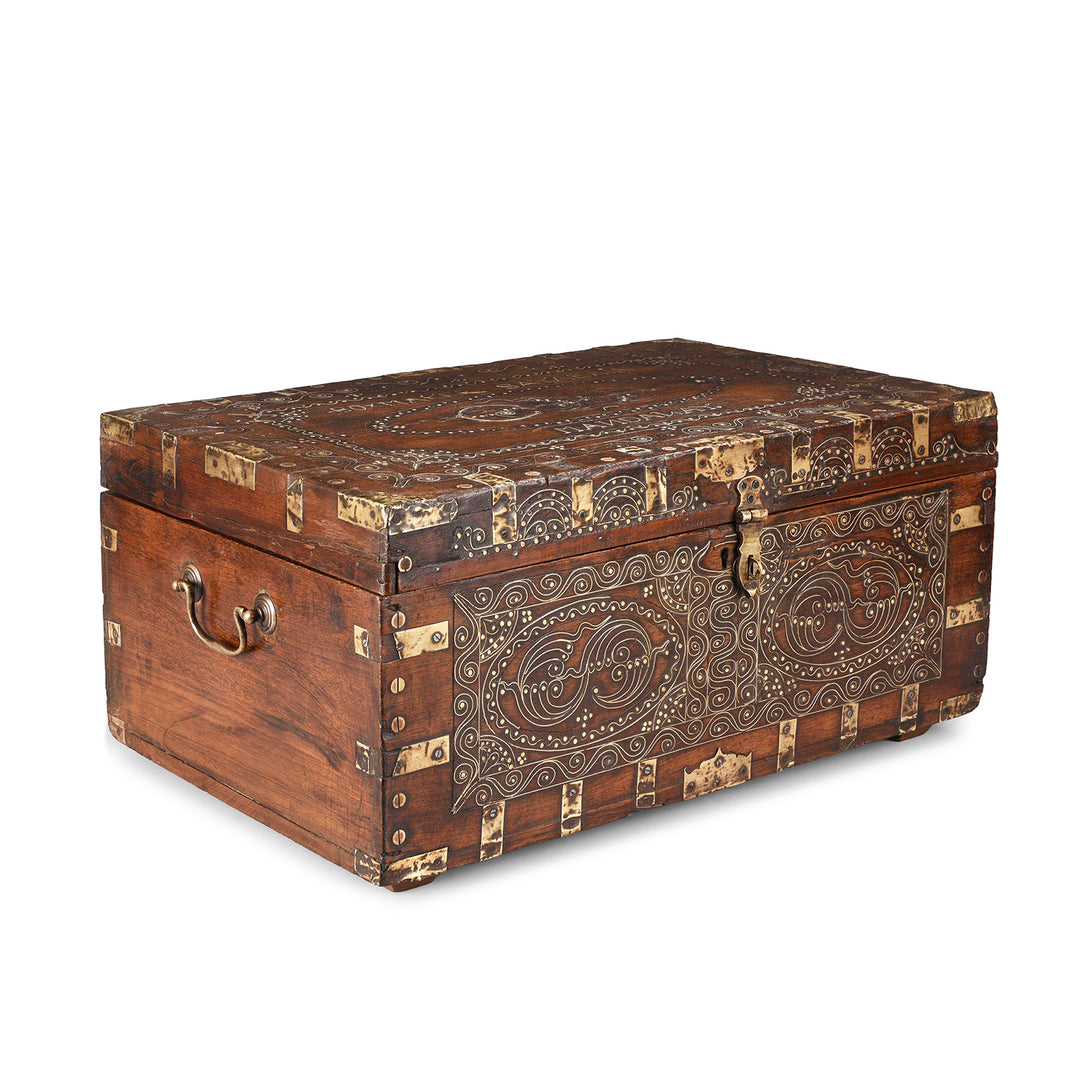 Angled View Of Antique Brass Bound Burmese Military Chest | Indigo Antiques