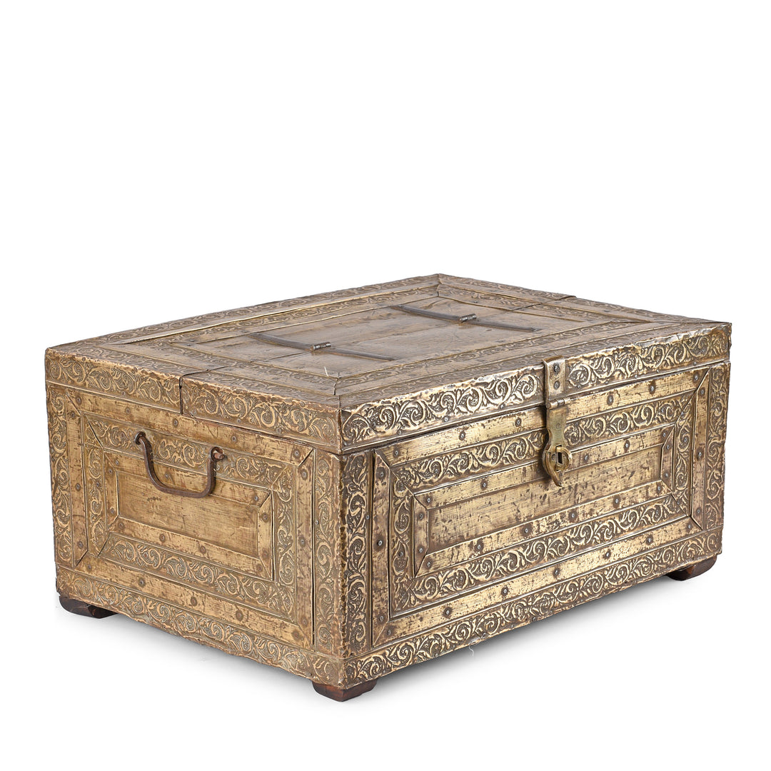 Angled VIew Of Antique Brass Bound Merchants Box From Shekhawati  | Indigo Antiques
