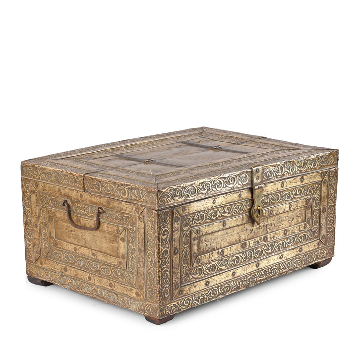 Angled VIew Of Antique Brass Bound Merchants Box From Shekhawati  | Indigo Antiques
