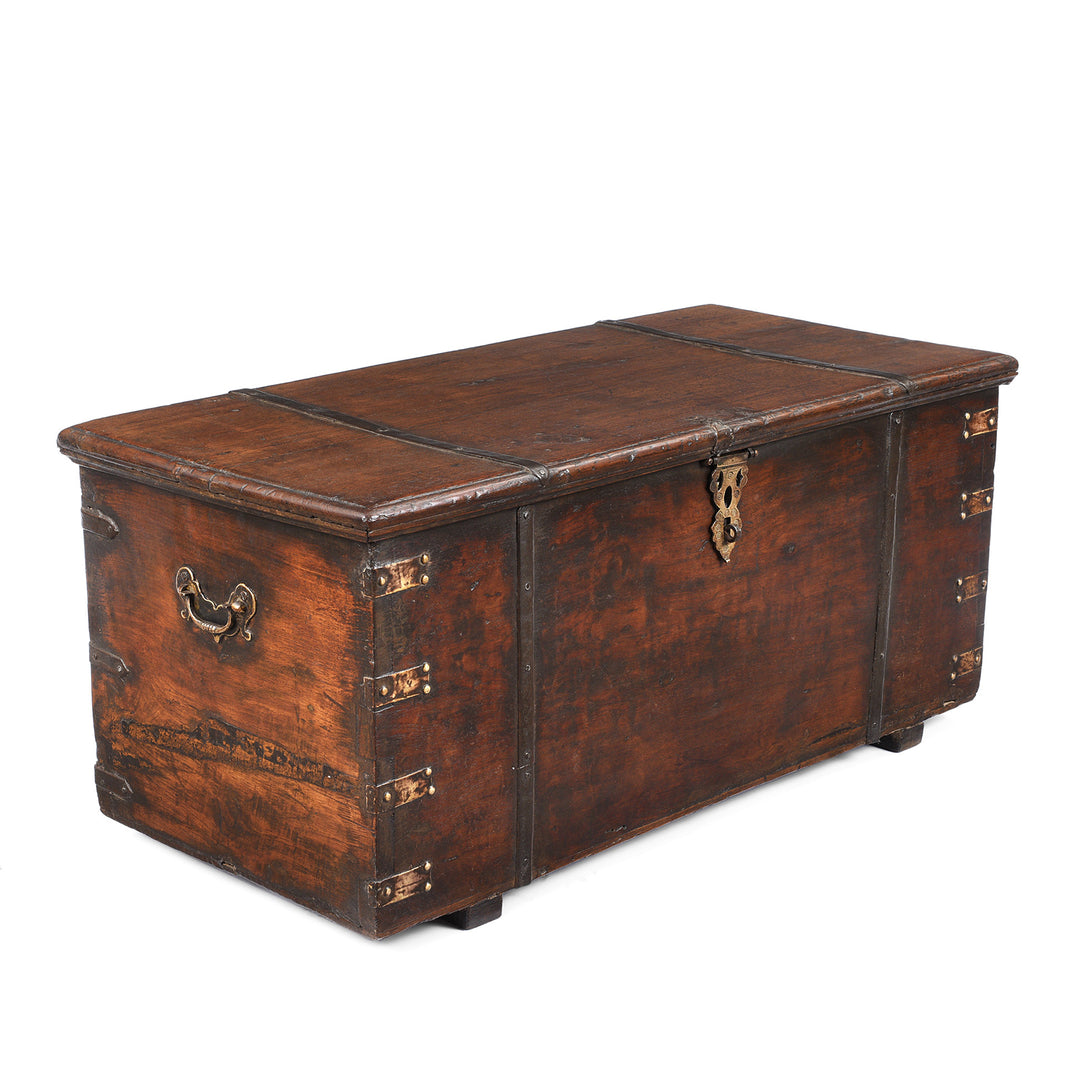 Angled View Of Antique Brass Bound Teak Chest From Kutch | Indigo Antiques