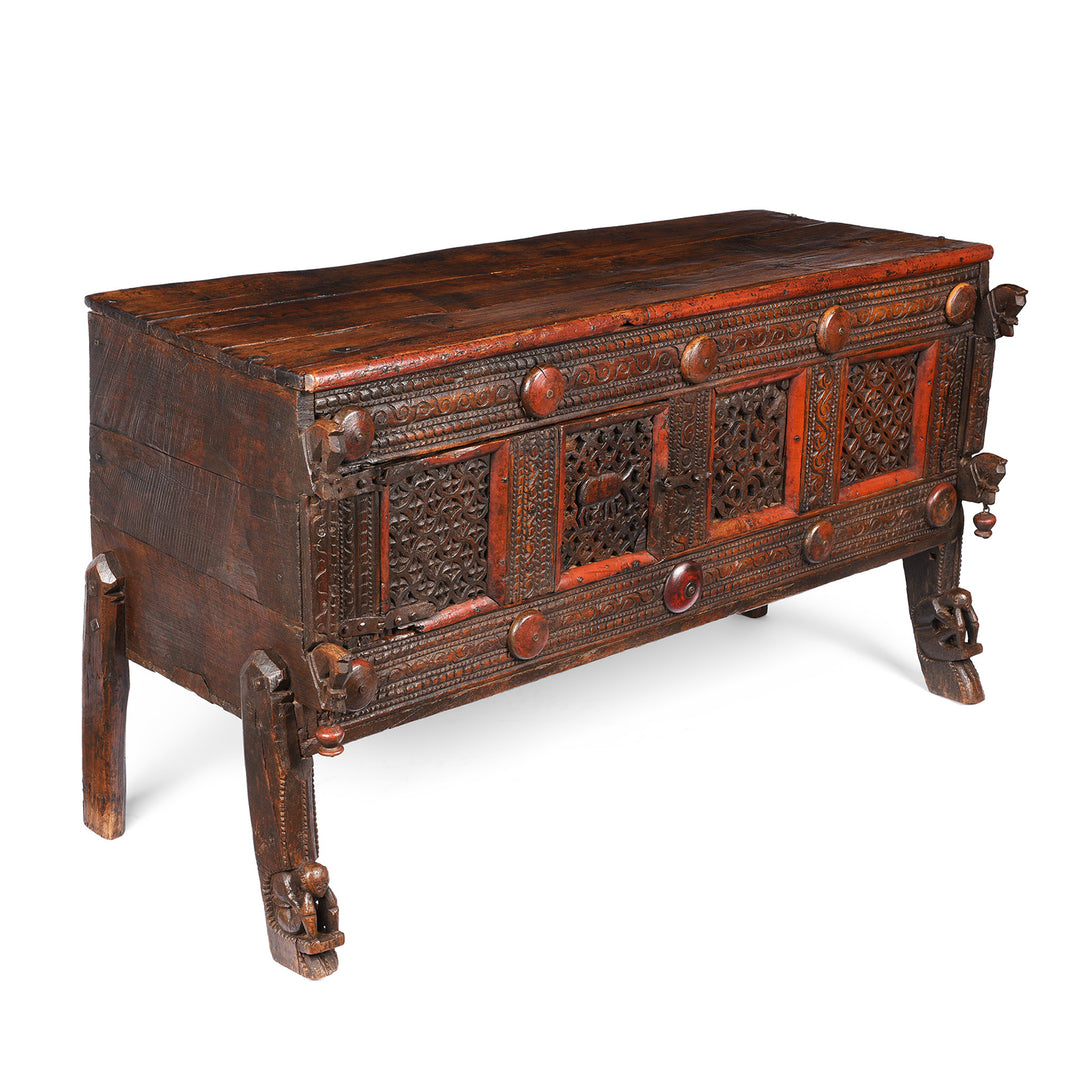 Side detail from an antique Indian Majus dowry chest from Gujarat | Indigo Antiques