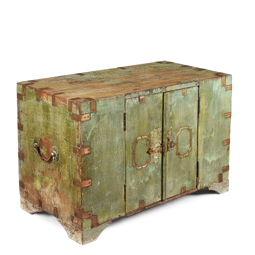 Angled VIew Of Antique Front Opening Indian Green Painted Teak Military Chest | Indigo Antiques
