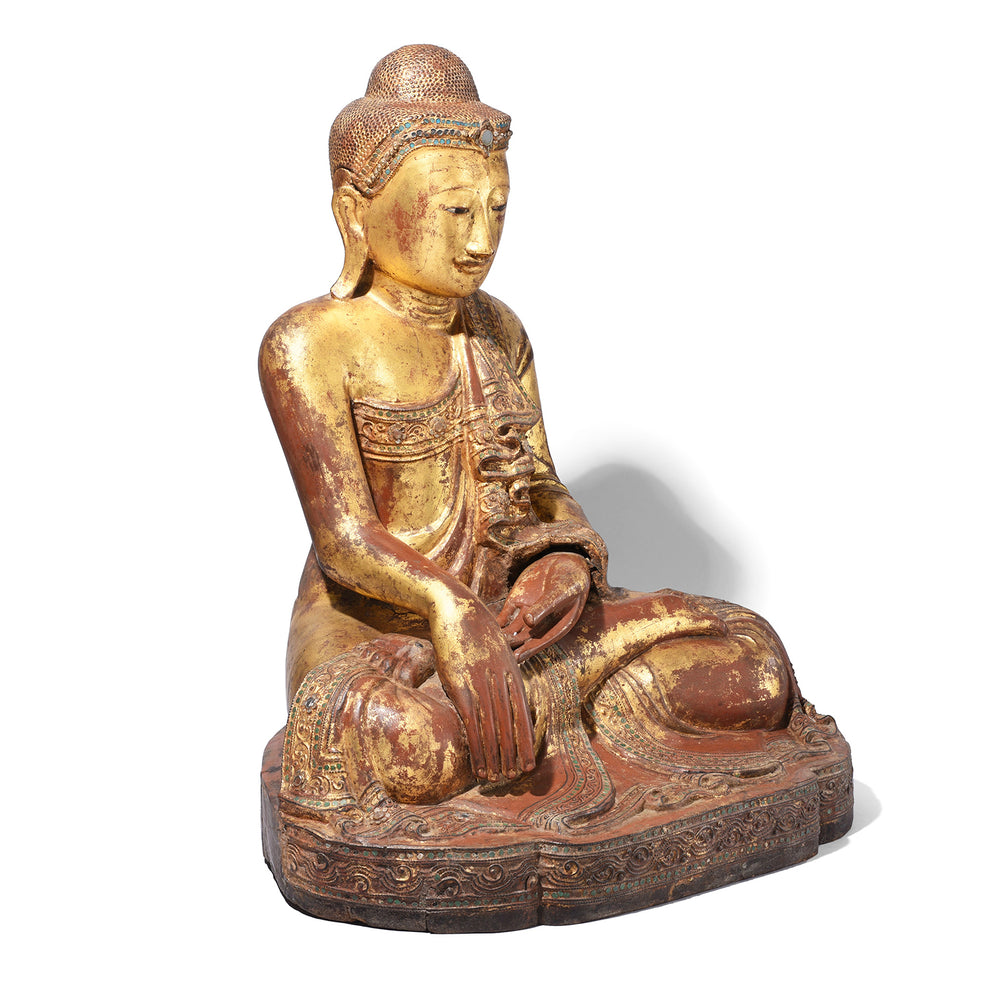 Angled VIew Of Antique Gilded Teak Mandalay Sitting Buddha | Indigo Antiques
